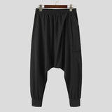 Man Cotton Cozy Pantalones INCERUN Men Drop Crotch Pants Leisure Solid Color Harem Pants Fashion Buttons Elastic Trousers S-5XL