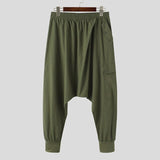 Man Cotton Cozy Pantalones INCERUN Men Drop Crotch Pants Leisure Solid Color Harem Pants Fashion Buttons Elastic Trousers S-5XL